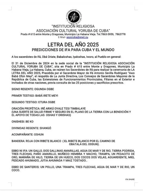 Documento 'LETRA DEL AÑO 2025' por la Asociación Yoruba.