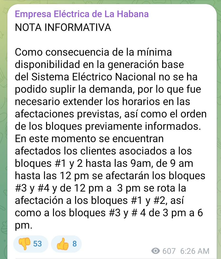Captura de pantalla de nota informativa sobre cortes eléctricos.