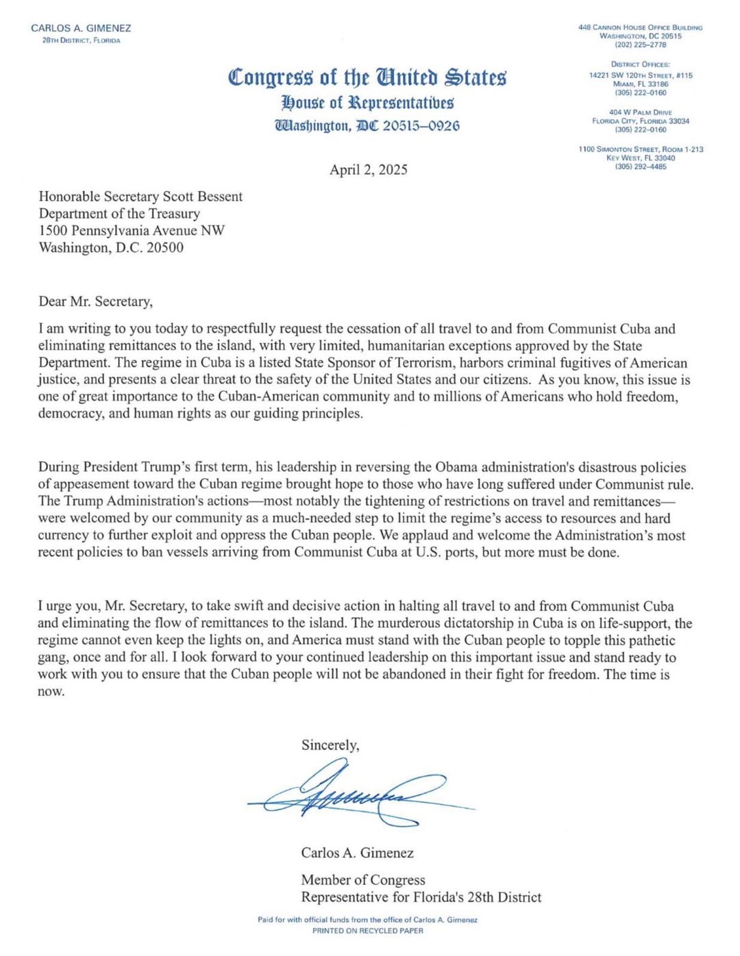 Carta oficial solicitando cese de viajes y remesas a Cuba.