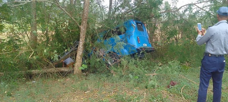 Camión azul accidentado en bosque, policía tomando fotos