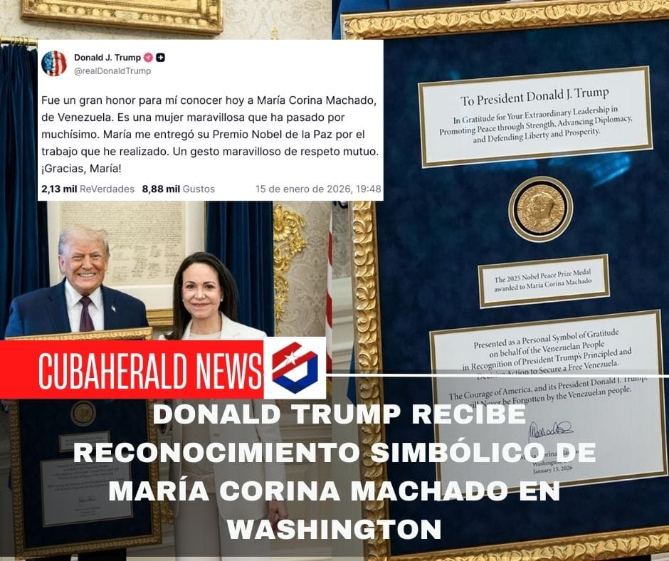 Donald Trump recibe reconocimiento simbólico de María Corina Machado en Washington