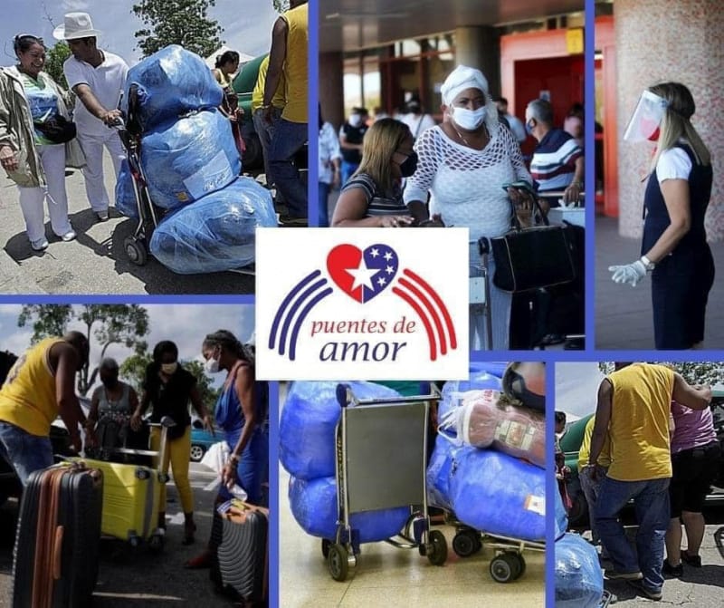 Personas transportando equipaje y suministros, logo Puentes de Amor