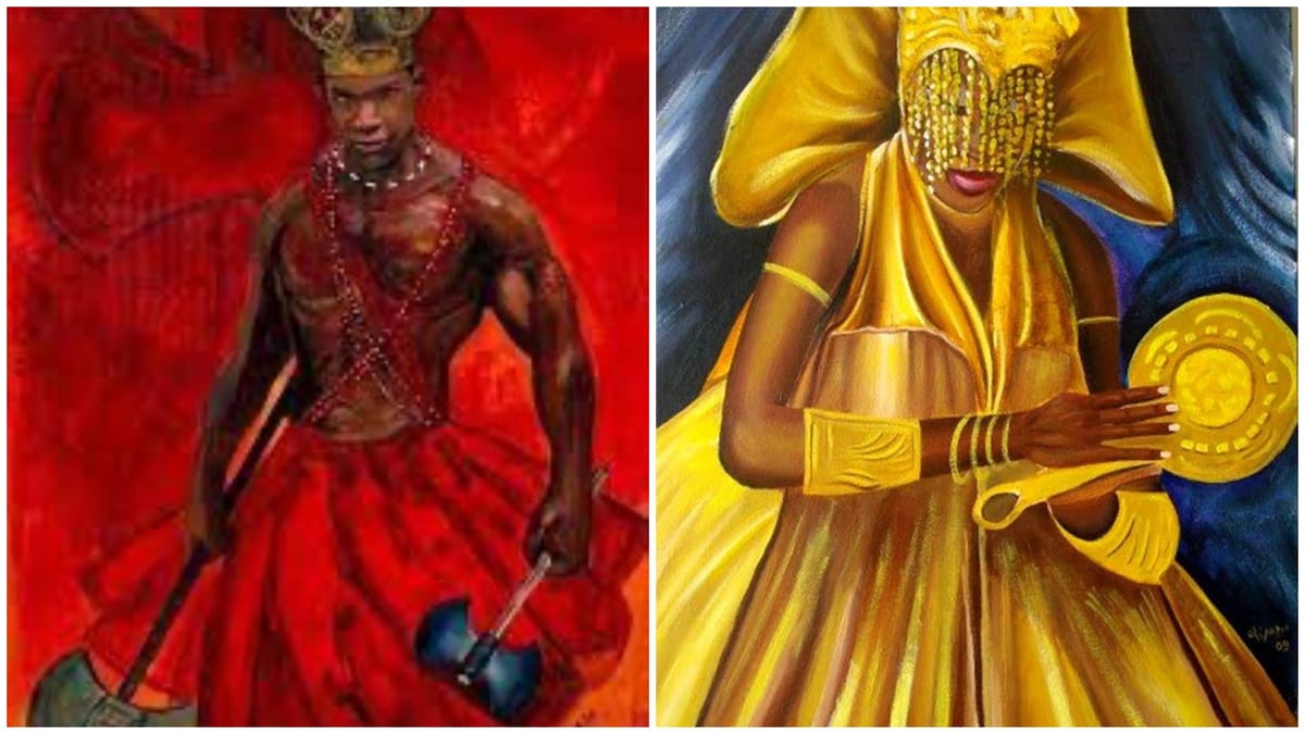 Pinturas de figuras africanas místicas en rojo y dorado