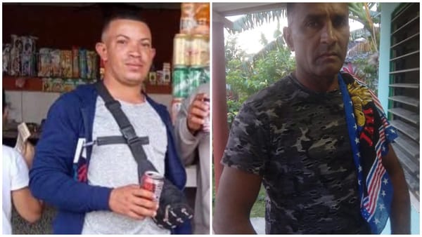 Hombre con lata en tienda, otro con camiseta camuflaje