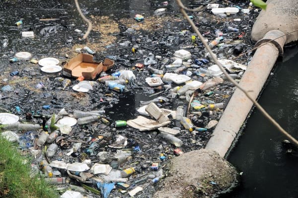 Río contaminado con basura y plásticos flotantes