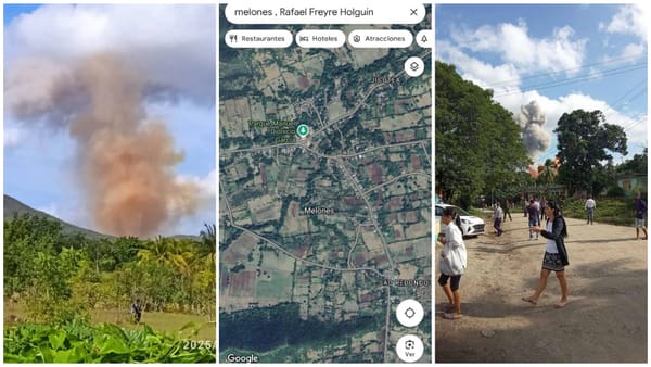 Personas observan humo denso en pueblo y mapa