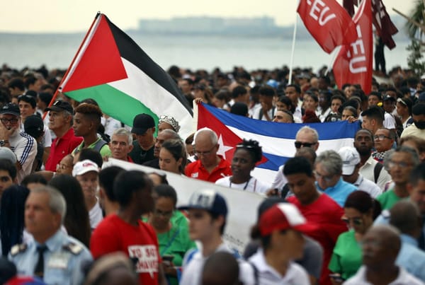 Multitud con banderas de Palestina y Cuba en evento