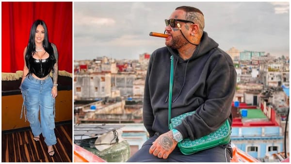 Mujer elegante y hombre con puro en ciudad