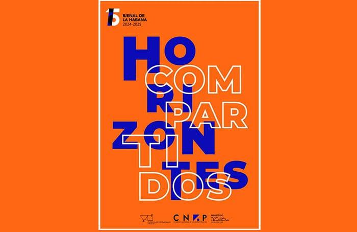 Cartel naranja y azul de la Bienal de La Habana