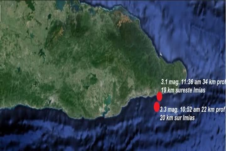 Mapa con sismos cerca de Imías, Cuba.