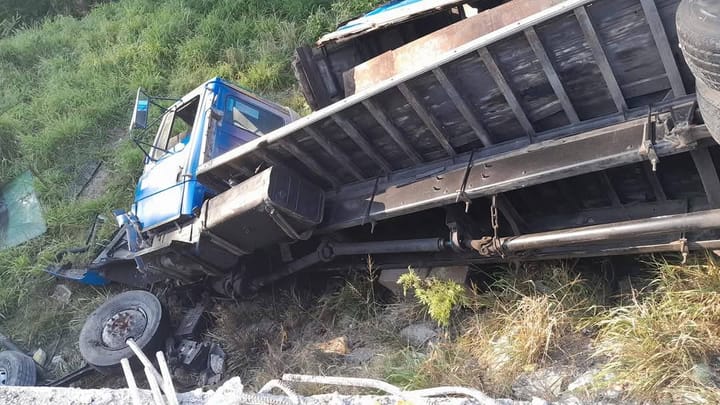 Camión volcado en la cuneta de una carretera.