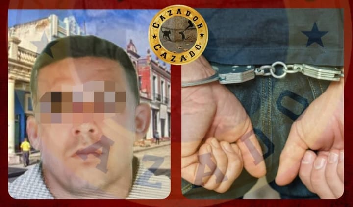 Rostro pixelado y manos esposadas con fondo urbano