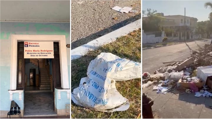 Escuela, basura en calle y parque, mala gestión urbana.