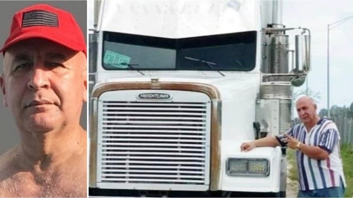 Hombre junto a camión Freightliner blanco en exterior.