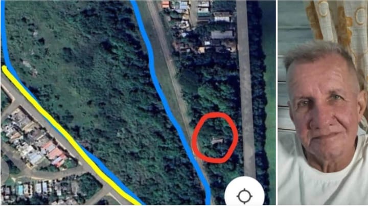 Mapa satelital y foto de un hombre mayor.