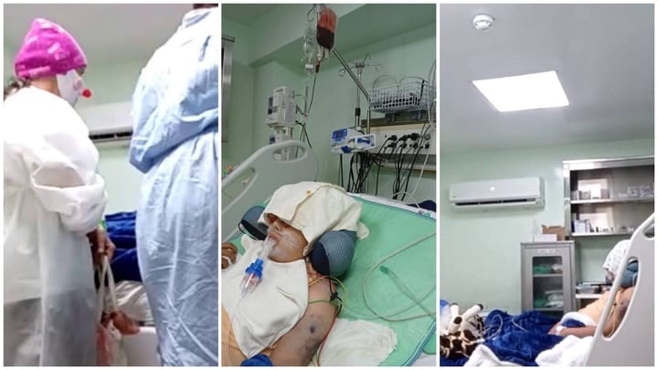 Paciente en cama hospitalaria con equipo médico.