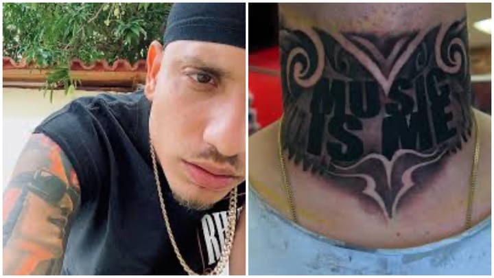 Hombre con gorro y tatuajes; tatuaje de cuello 'Music is Me'