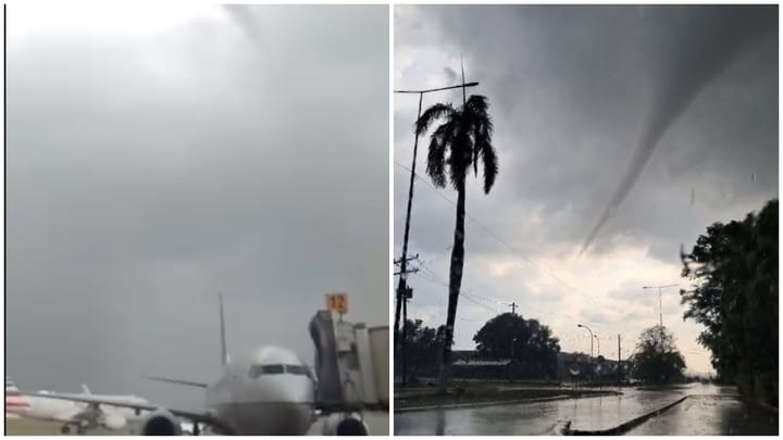 Avión y tromba marina junto a carretera y palmera.