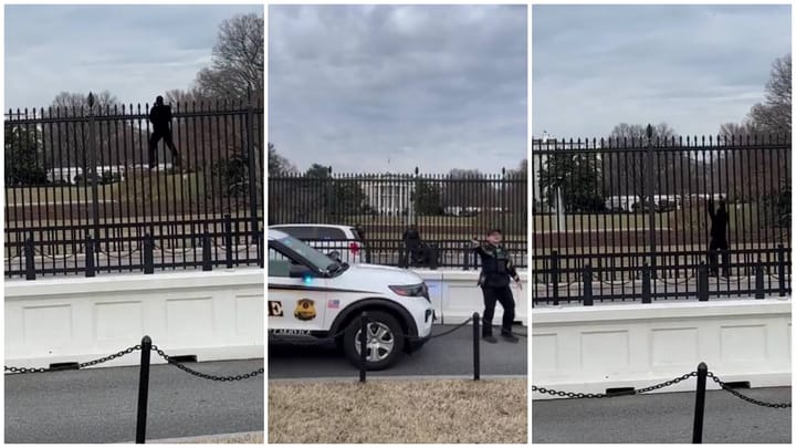 Persona trepando valla, policía interviniendo