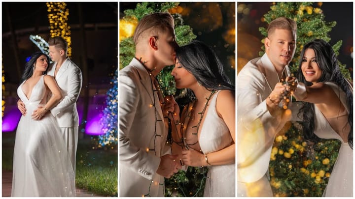 Pareja en celebración navideña con luces