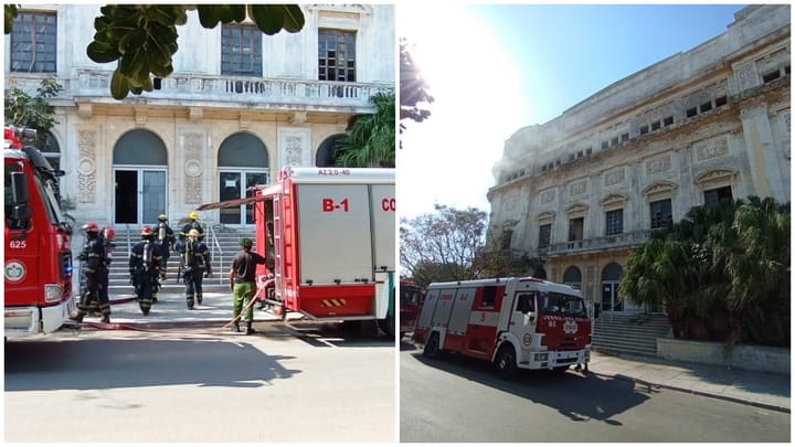 Bomberos respondiendo a incendio en edificio histórico.