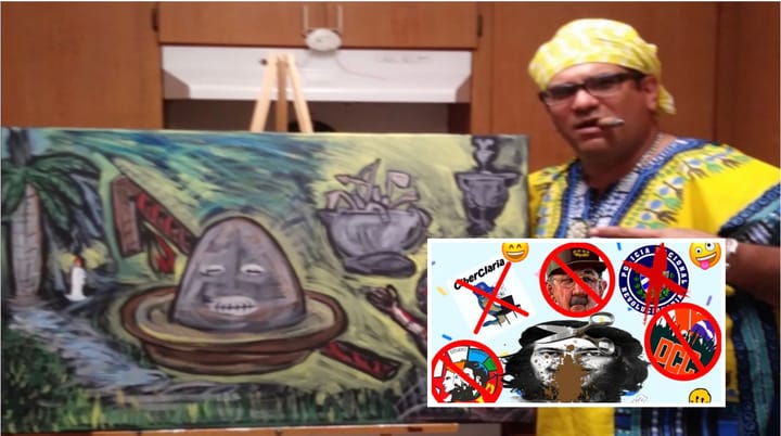 Artista con cuadro colorido y emblemas censurados