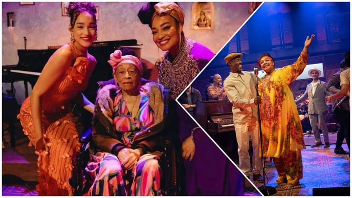 Personas cantando y posando en escenario con vestimenta colorida.