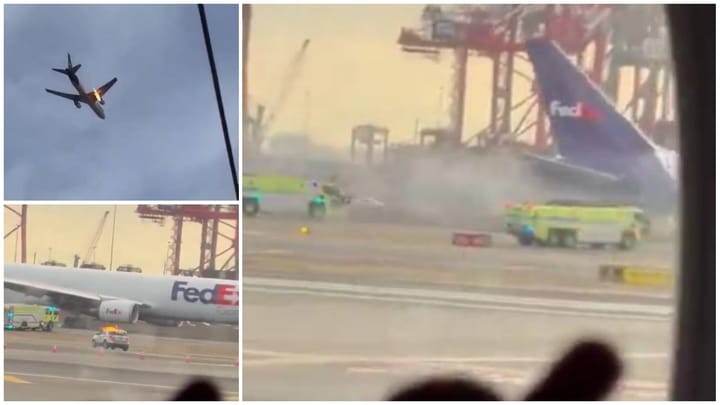 Avión FedEx aterriza con incendio en aeropuerto.