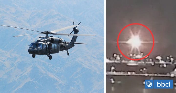 Helicóptero militar volando sobre montañas, explosión en barco
